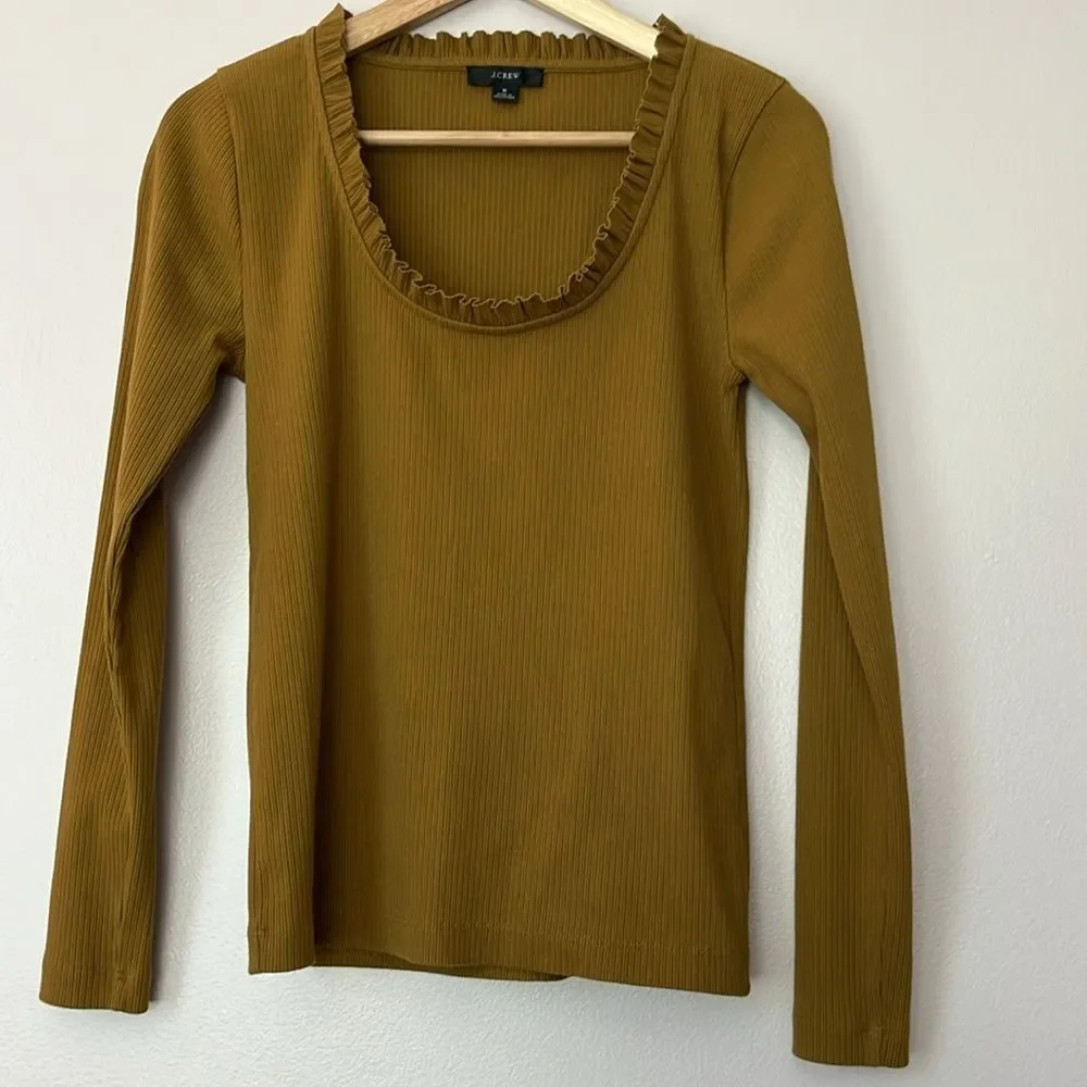 J Crew Ribbed Ruffle Neck Long Sleeve Shirt Bronzed Surplus Brown Women's Small - Picture 4 of 10